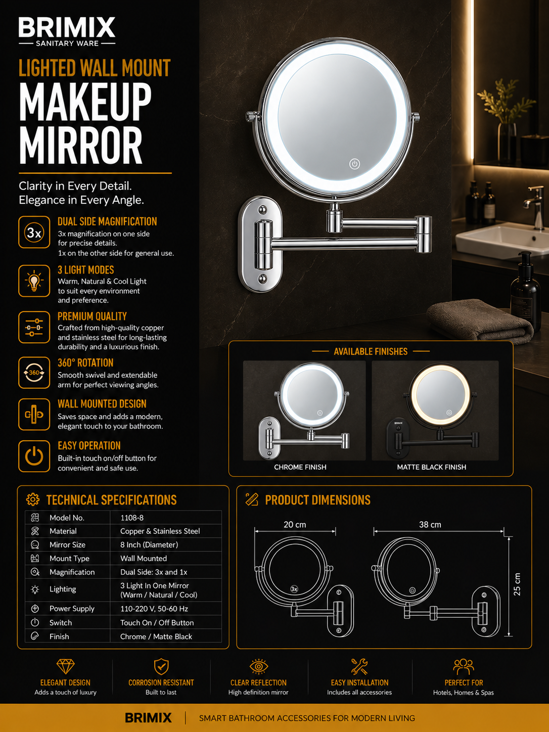 brimix 3x touch makeup mirror