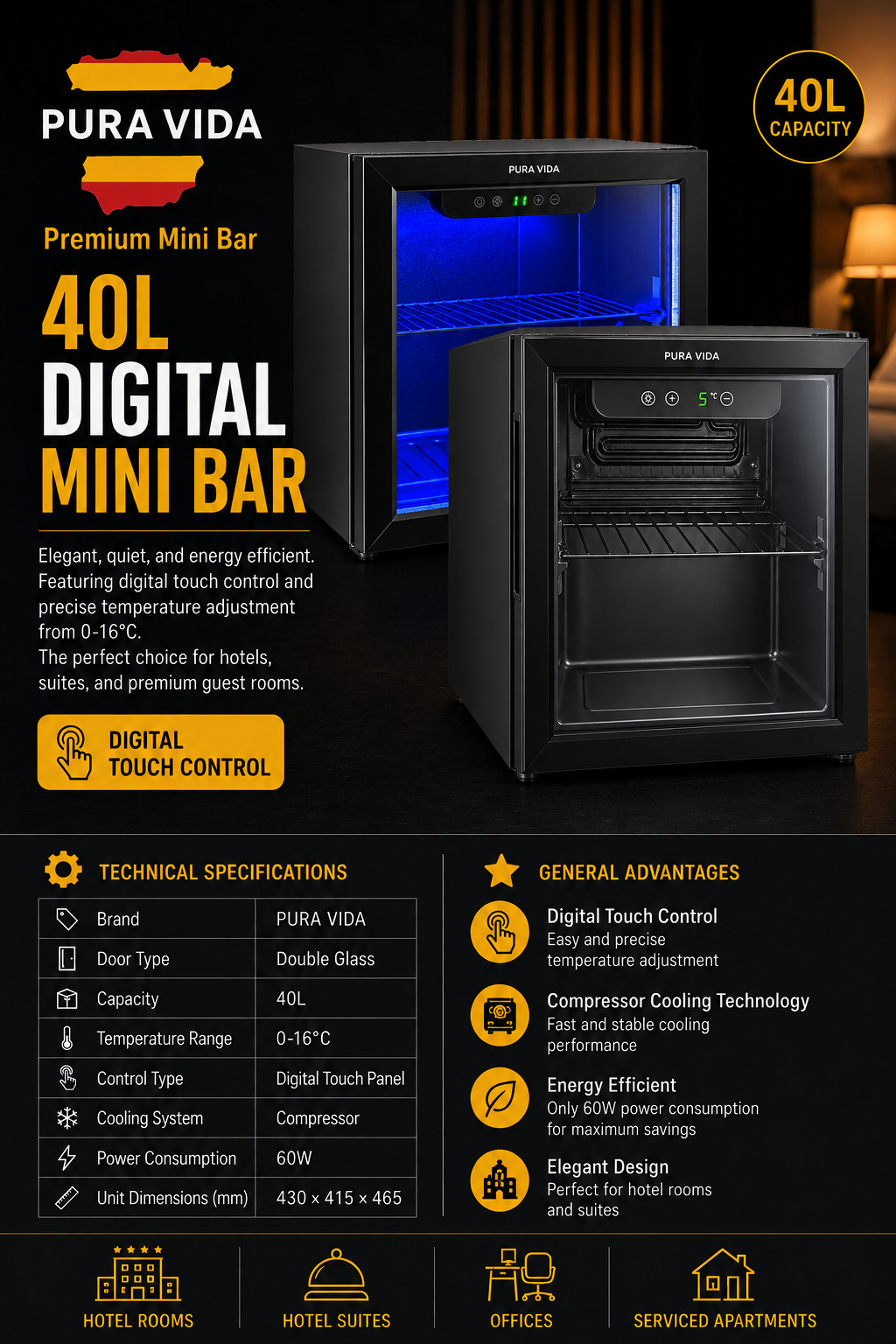 PURA VIDA PV40UEL Glass Door Hotel Minibar – Compressor Cooling